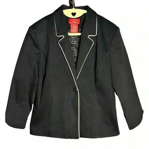 Oscar de la Renta Black Blazer with White Piping One Button Women's Size 10